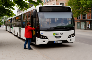 Dam i röd jacka kliver ombord på en Din Tur-buss i Härnösands centrum.