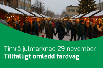 AI-genererad bild föreställande julmarknad i Timrå. Text på bilden: Timrå julmarknad 29 november. Tillfälligt omledd trafik.