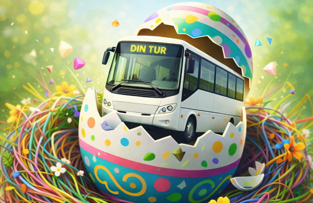 AI-genererad bild föreställande ett färgglatt fågelbo med ett påskägg med en vit buss med texten DIN TUR på.